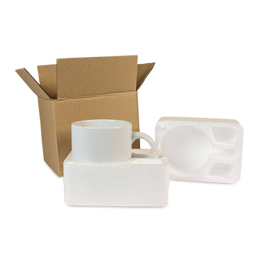 PQ-02 Transportverpackung für einen Becher mit Styroporhalbschalen - Preis Beispiel 150 Stück 1,86 EUR